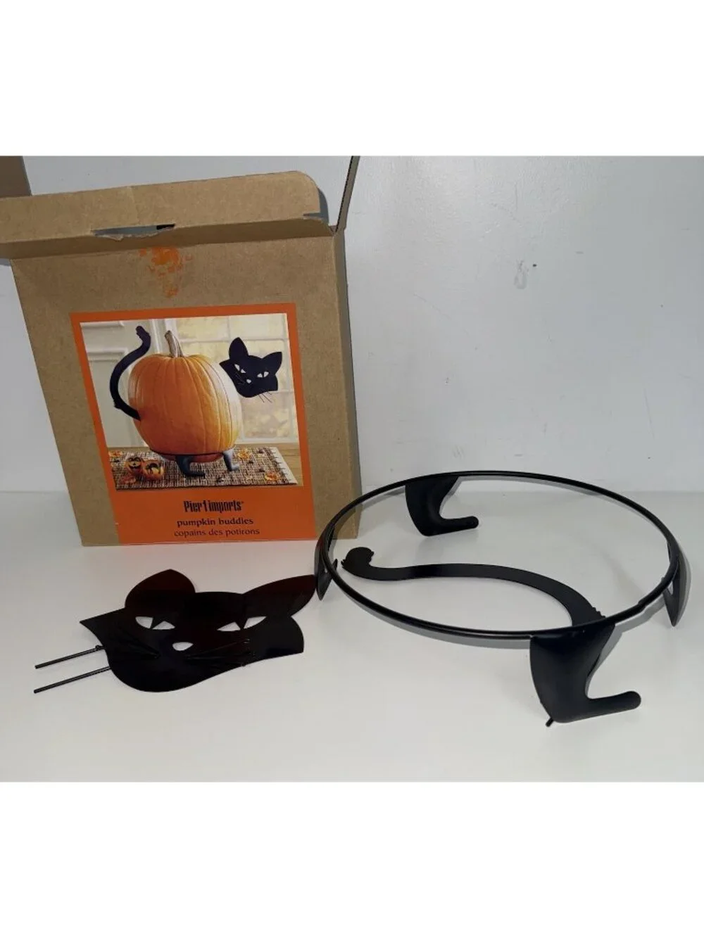 Pier 1 Imports Pumpkin Buddies Black Cat Metal Halloween Jack O'Lantern Stand